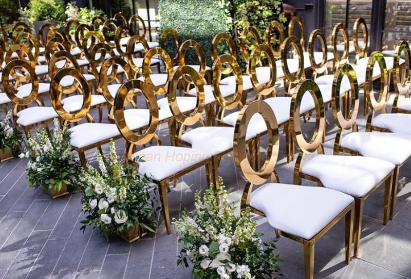 Classic Hotel Banquet Silla Stainless Steel Luxury Golden Stacking Round Back Metal Restaurant Wedding Banquet Chiavari Dining Room Table Furniture Chair